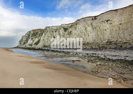 Die weißen Kreidefelsen und der Strand bei Ebbe am Cap Blanc Nez, Pas-de-Calais, Frankreich Stockfoto