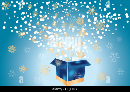 Heiligabend mit offenen Geschenkbox versenden von goldenen Schneeflocken Stockfoto