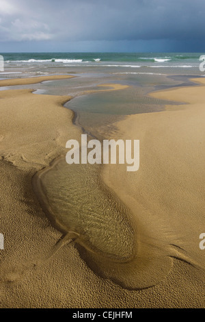 Gezeiten-Pools am Sandstrand bei Ebbe und Regenwolken über Cap Blanc Nez, Pas-de-Calais, Frankreich Stockfoto