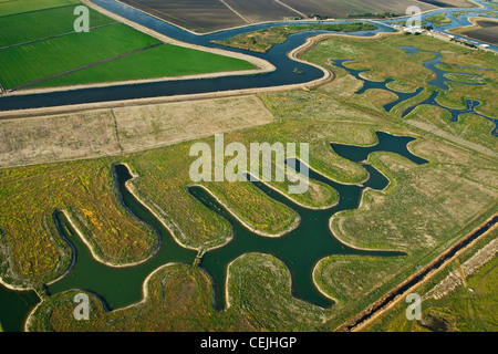 Luftbild von Ackerland, kultiviert und brach, und Fluss-Kanäle im Sacramento-San Joaquin River Delta / California. Stockfoto