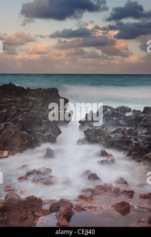 Felsenküste am Sonnenuntergang, Coral Cove State Park, Blowing Rocks State Park, Florida, USA Stockfoto