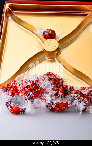 Zuletzt eine Lindor Lindt Milch Schokolade Trüffel, leeren Verpackungen im Feld Stockfoto