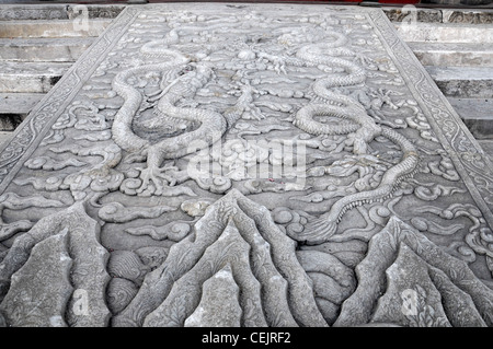 Marmorplatte Drachen verbotene Stadt China Peking Palace Museum zeremonielle Rampe Imperial Way symbolische Basrelief Carving schnitzen Stockfoto