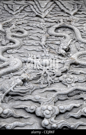 Marmorplatte Drachen verbotene Stadt China Peking Palace Museum zeremonielle Rampe Imperial Way symbolische Basrelief Carving schnitzen Stockfoto