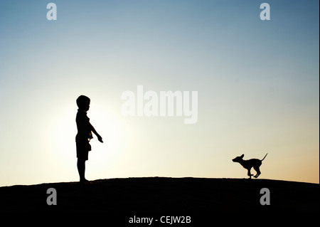 Silhouette der jungen spielen mit seinen Welpen. Indien Stockfoto