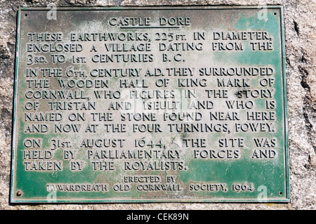 Eine interpretative Blechschild auf Burg Dore Wallburg, die Website des Bürgerkrieges Schlacht von Lostwithiel in Cornwall Stockfoto