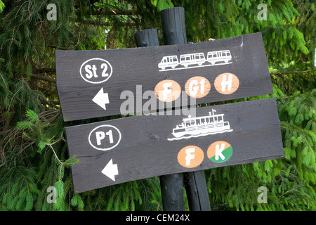 Nationalpark Plitvicer Seen, Lika-Senj, Kroatien. Wegbeschreibung zur Bushaltestelle und Fähranleger auf Kozjak See Sign. Stockfoto