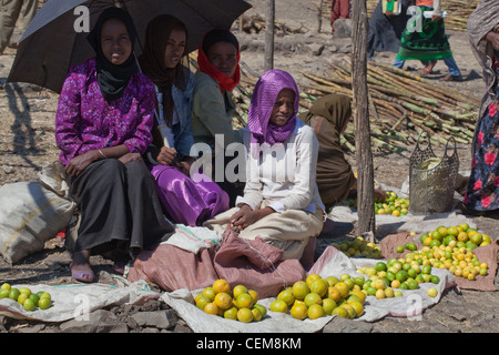 Obst-Stall, Wendogenet Markt. Äthiopien. Orangen und Limetten. Stockfoto