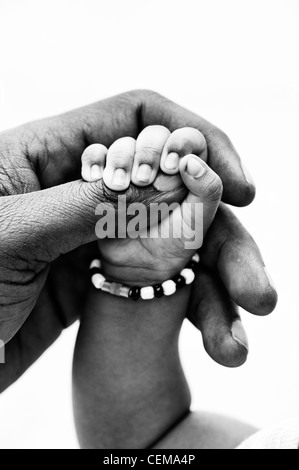 Indische mans Hand mit seinem Neugeborenen Hand weißen Hintergrund. Monochrom. Andhra Pradesh, Indien Stockfoto