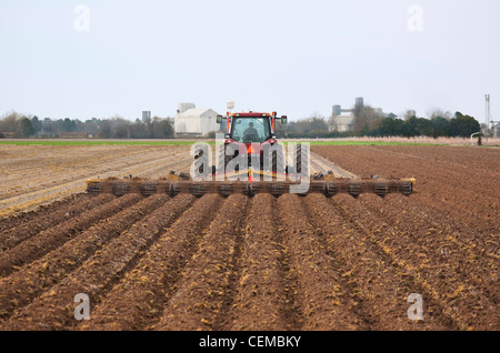 Ein Case IH Traktor und Feld implementieren beenden Bodenbearbeitung eines Feldes im späten Frühjahr für den Anbau von Baumwolle / Arkansas. Stockfoto