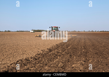 Ein Case IH Traktor und Feld implementieren bereiten Bett Boden in einem Feld im späten Frühjahr für den Anbau von Mais / Arkansas, USA. Stockfoto