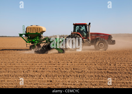 Landwirtschaft - Case IH Traktoren und Great Plains 40-Fuß-Twin Reihe Pflanzer mit loser Schüttung Saatgutbehälter pflanzt Getreide Mais / Arkansas, USA. Stockfoto