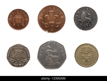 Vollständige Palette von British Münzen von 1 Cent bis 1 Pfund isoliert auf weiß Stockfoto