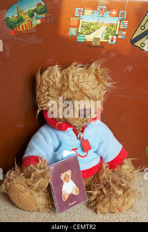 Teddybär mit Pass und Gepäck Stockfoto