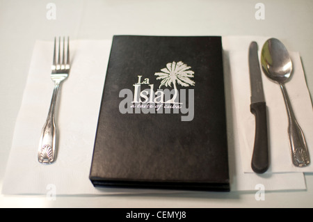 Menü im Restaurant La Isla, ein fantastisches kubanischen Restaurant an der Washington Street in Hoboken, NJ, USA. Stockfoto