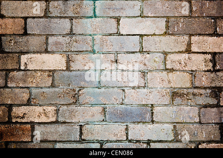 Ziegelwand mit alten abgenutzten Ziegeln und Flecken Stockfoto