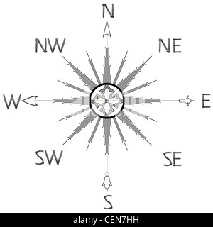 Windrose Kompass Silhouette vor weißem Hintergrund, abstrakte Kunst-Vektorgrafik Stockfoto