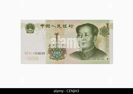 1 Yuan Rechnung mit dem Porträt von Mao Zedong. Die chinesische Währung Renminbi, wurde 1949 eingeführt. Stockfoto