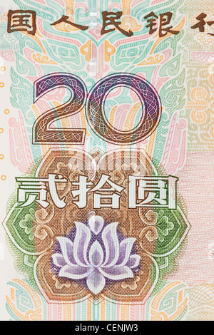Detail-Foto einer chinesischen 20 Yuan Rechnung. Die chinesische Währung Renminbi, wurde 1949 eingeführt, nach der Gründung der Volksrepublik China Stockfoto