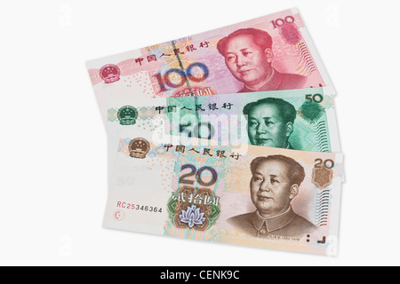 20, 50 und 100 Yuan Rechnungen mit dem Porträt von Mao Zedong. Die chinesische Währung Renminbi, wurde 1949 eingeführt. Stockfoto