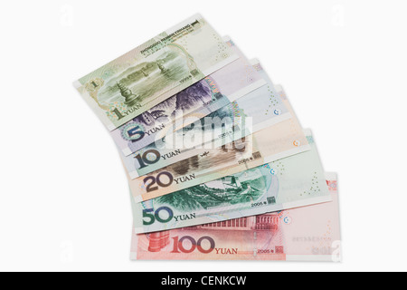 Eine Reihe von Yuan Rechnungen (Rückseite) liegen direkt nebeneinander. Die chinesische Währung Renminbi, wurde 1949 eingeführt. Stockfoto