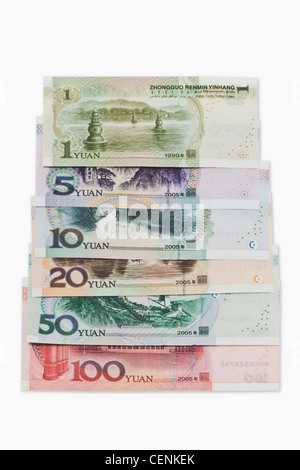 Eine Reihe von Yuan Rechnungen (Rückseite) liegen direkt nebeneinander. Die chinesische Währung Renminbi, wurde 1949 eingeführt. Stockfoto