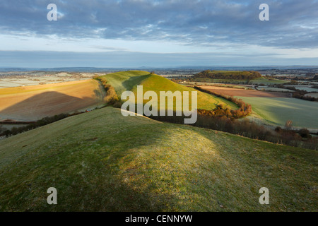 Blick vom Corton Hill in Richtung Parrock Hill, Cadbury Castle und Glastonbury Tor in der Ferne. Somerset. England. VEREINIGTES KÖNIGREICH. Stockfoto