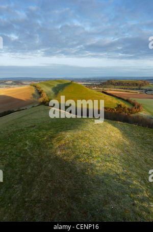 Blick vom Corton Hill in Richtung Parrock Hill, Cadbury Castle und Glastonbury Tor in der Ferne. Somerset. England. VEREINIGTES KÖNIGREICH.