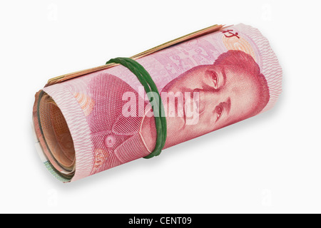 viele 100 Yuan Rechnungen, aufgerollt und mit einem Kautschuk zusammengehalten. Die chinesische Währung Renminbi, wurde 1949 eingeführt. Stockfoto