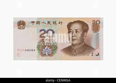 20 Yuan Rechnung mit dem Porträt von Mao Zedong. Die chinesische Währung Renminbi, wurde 1949 eingeführt. Stockfoto