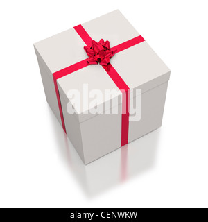 Quadratische weiße Geschenkbox mit roten Bändern auf weißem Hintergrund Stockfoto
