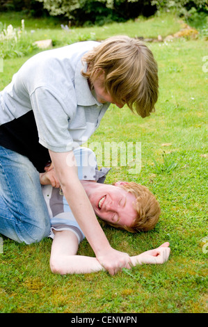 Zwei männliche Jugendliche spielen kämpfen im Garten Stockfoto