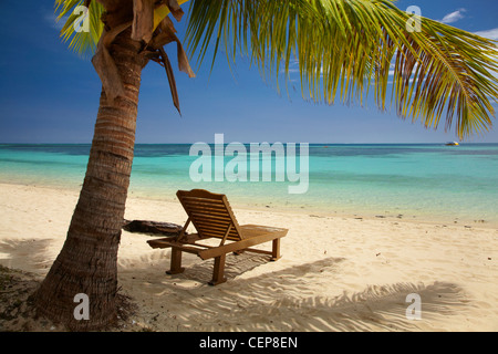 Strand, Palmen und liege, Plantation Island Resort, Malolo Lailai Island, Mamanuca Inseln, Fidschi-Inseln, Süd-Pazifik Stockfoto