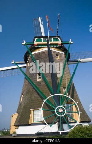 Holländische Mühle Rückseite mit Rad auf die Flügeln in den Wind drehen Stockfoto