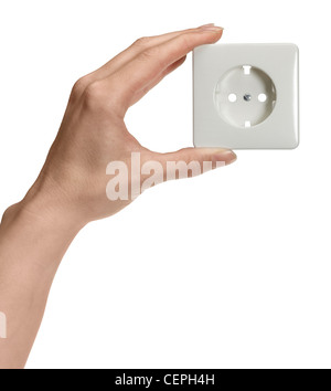 weibliche Hand hält eine weiße Buchse vor weißem Rücken Stockfoto