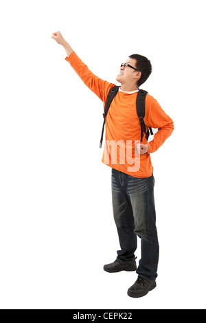 Porträt einer aufgeregt junger Mann mit erhobener hand Stockfoto