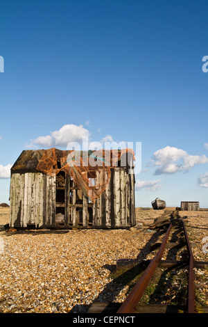 alte verlassene hölzerne Fischerhütte in Dungeness kent Stockfoto