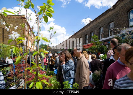 Columbia Road vollgepackt mit Menschen auf dem Wochenmarkt Blume. Stockfoto