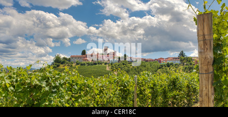 Blick auf Weinberge und kleine Stadt auf dem Hügel im Piemont, Norditalien. Stockfoto