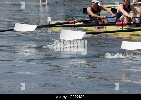 Eine Bootscrew hart auf ihre Blätter aus dem Wasser heben, während eines Rennens bei der jährlichen Henley Royal Regatta Rudern. Stockfoto