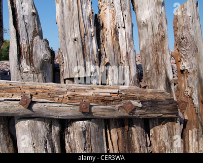 Alte hölzerne Küstenschutzes, Porlock Weir, Somerset, Großbritannien Stockfoto