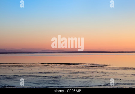 Sonnenuntergang über den Strand und das Wattenmeer Nahrungsgründe auf Goldcliff in der Nähe von Newport auf der Severn Mündung, Gwent, Wales, UK Stockfoto