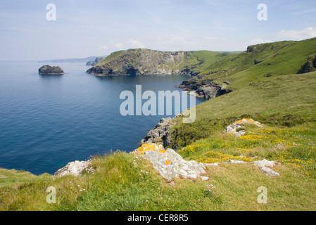 Ein Blick entlang der Küste von North Cornwall von Barras Nase in Richtung The Sisters Inseln. Stockfoto