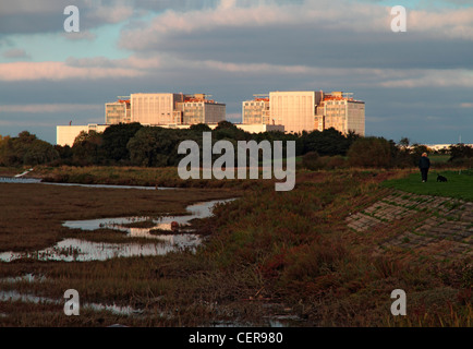 Bradwell Kernkraftwerk, einem stillgelegten Magnox-Kraftwerk befindet sich auf der Dengie Halbinsel an der Mündung des Flusses Blackwa Stockfoto