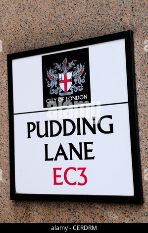 Pudding Lane EC3 Straßenschild. Pudding Lane ist bekannt als der Ort des Beginns der großen Brand von London im Jahre 1666. Stockfoto