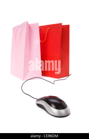 Isolierte Einkaufstasche und Computer-Maus, Konzept des e-Commerce Stockfoto