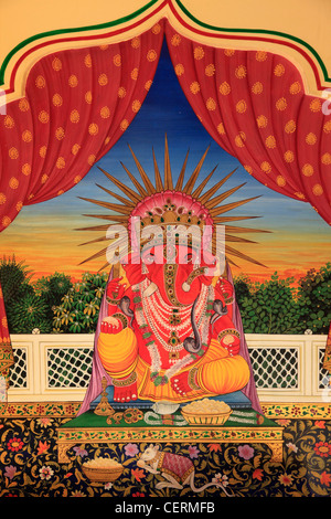 Indien, Rajasthan, Jaipur, Umaid Bhawan Hotel, Wandmalerei, traditionelle Kunst, Stockfoto