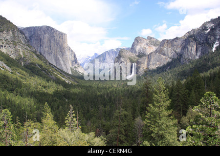 Panorama Blick auf Yosemite Park Valley mit half Dome im Hintergrund. Wasserfall, Berge und Tanne Bäume enthalten. Landschaftlich reizvolle Stockfoto