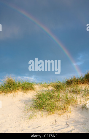 Ein Regenbogen über den Sanddünen am Walberswick auf der Küste von Suffolk. Stockfoto