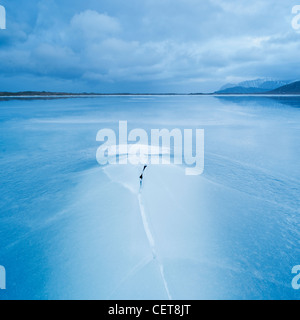 Knacken Sie im Eis eingefrorene Küste bei Ytterpollen, Lofoten Inseln, Norwegen Stockfoto